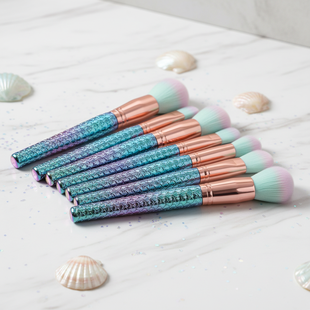 11Pcs Mermaid Makeup Brushes Kit – Foundation, Eyebrow & Eyeliner Set